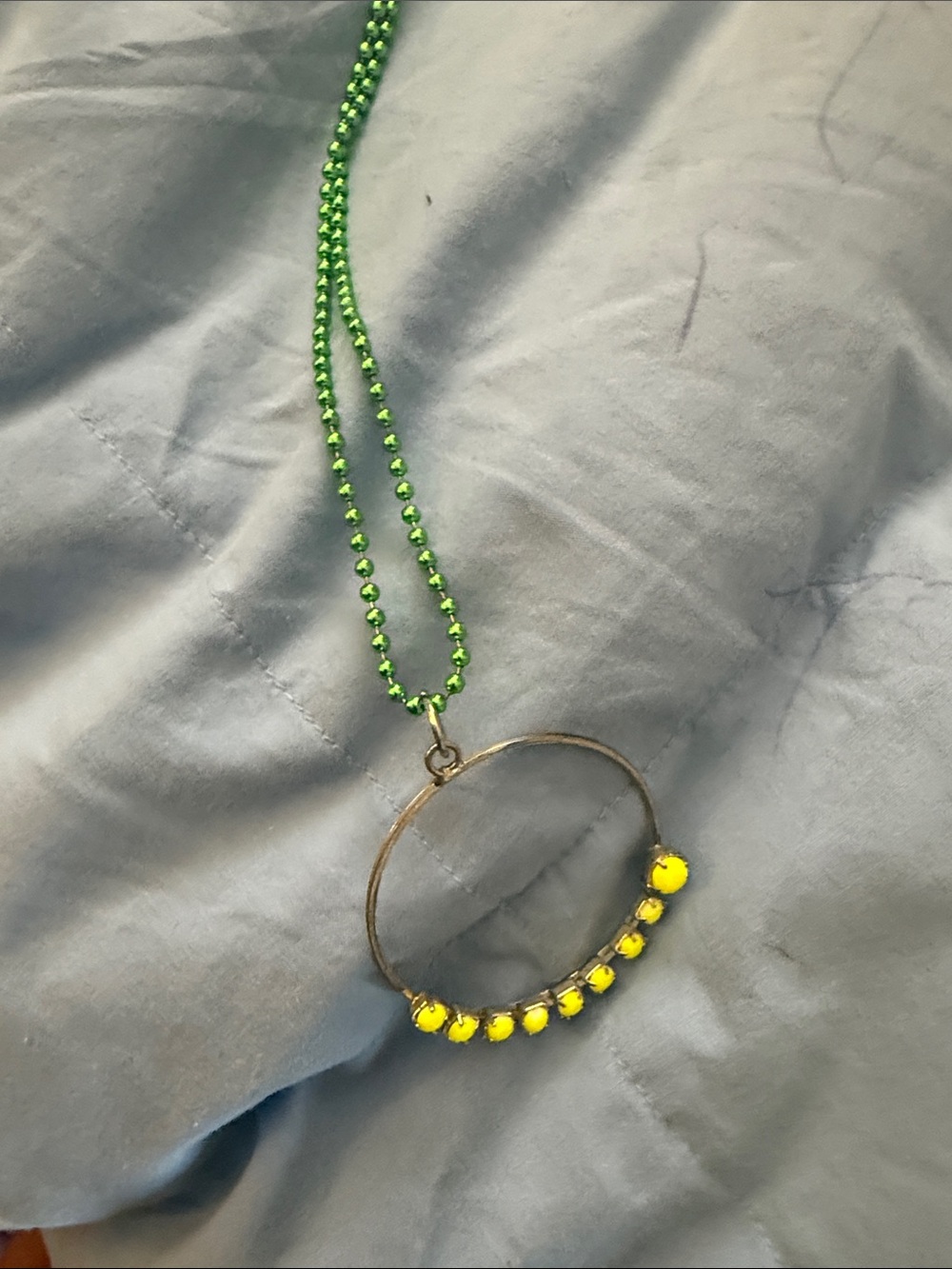 Green Bead Necklace with Yellow Accent Hoop Pendant